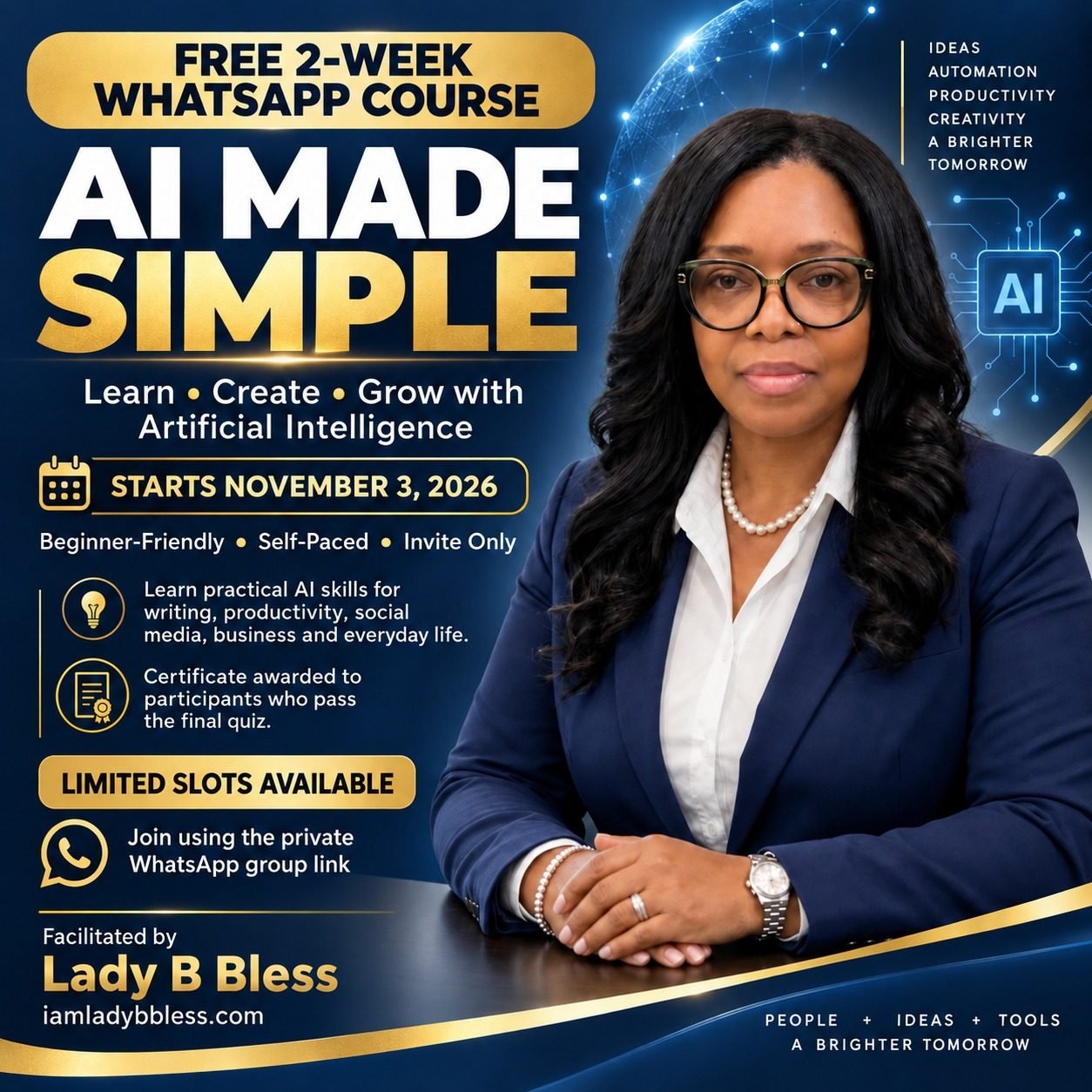 AI Made Simple course flyer featuring Lady B Bless