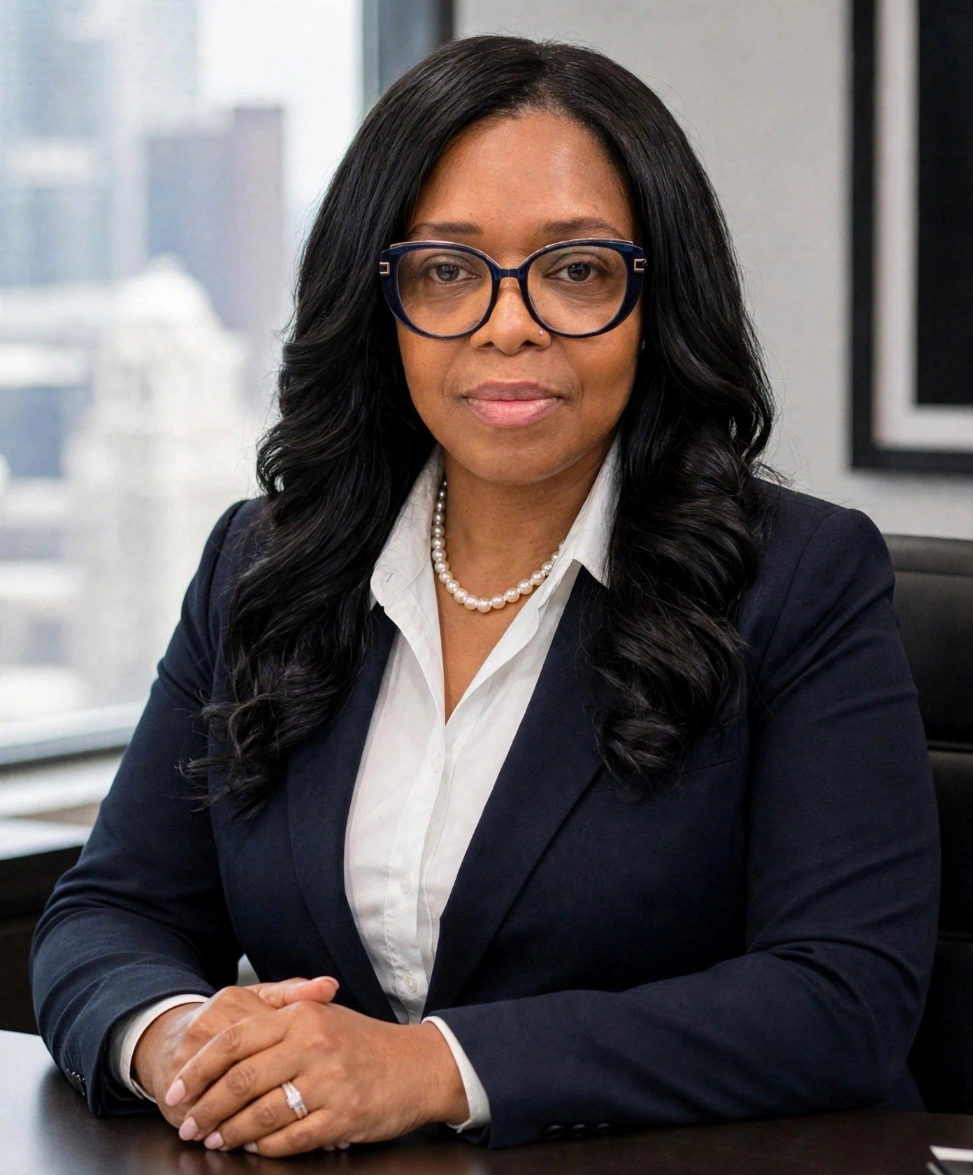 Portrait of Lady B Bless in a navy blazer at her desk